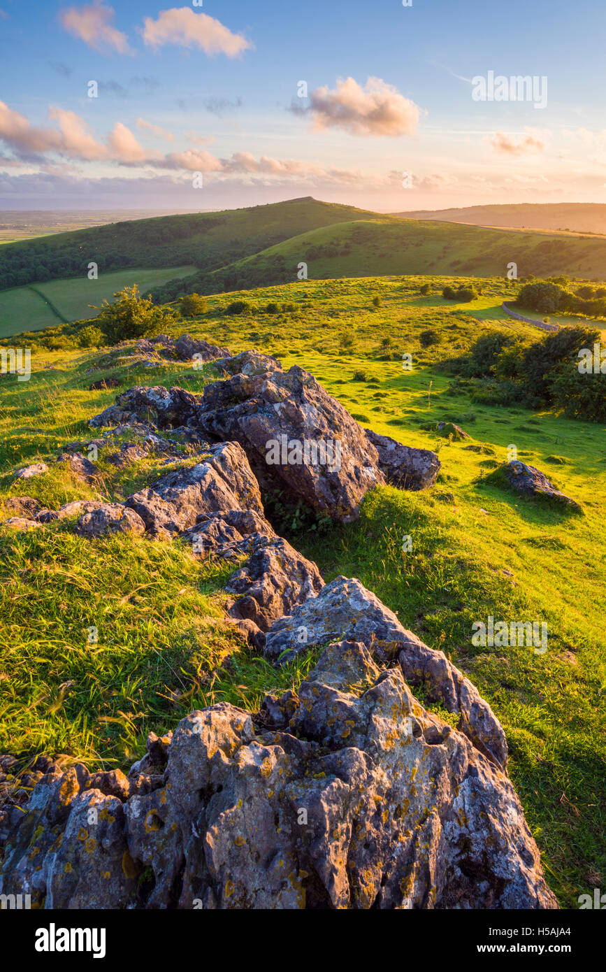 Wavering Down with Crook Peak beyond in the Mendip Hills. Somerset. England. Stock Photo