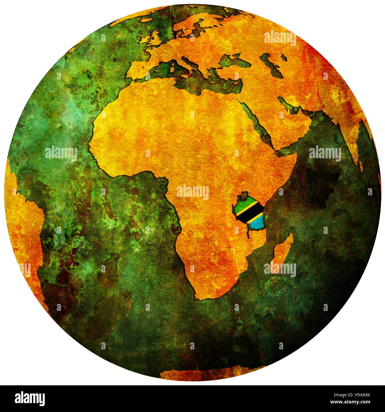 tanzania territory with flag on map of globe Stock Photo - Alamy