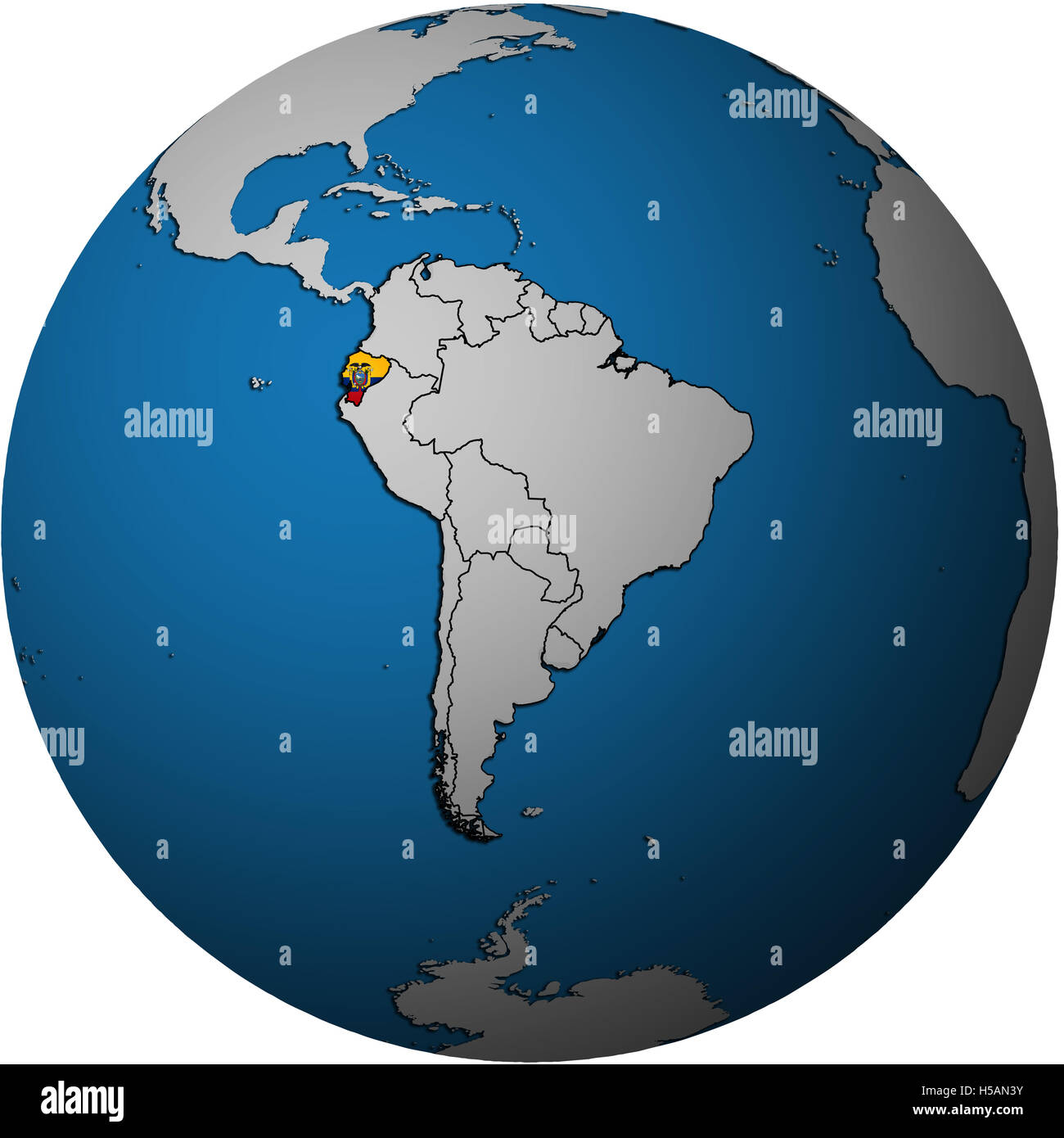 map with flag of ecuador on isolated over white map of globe Stock Photo