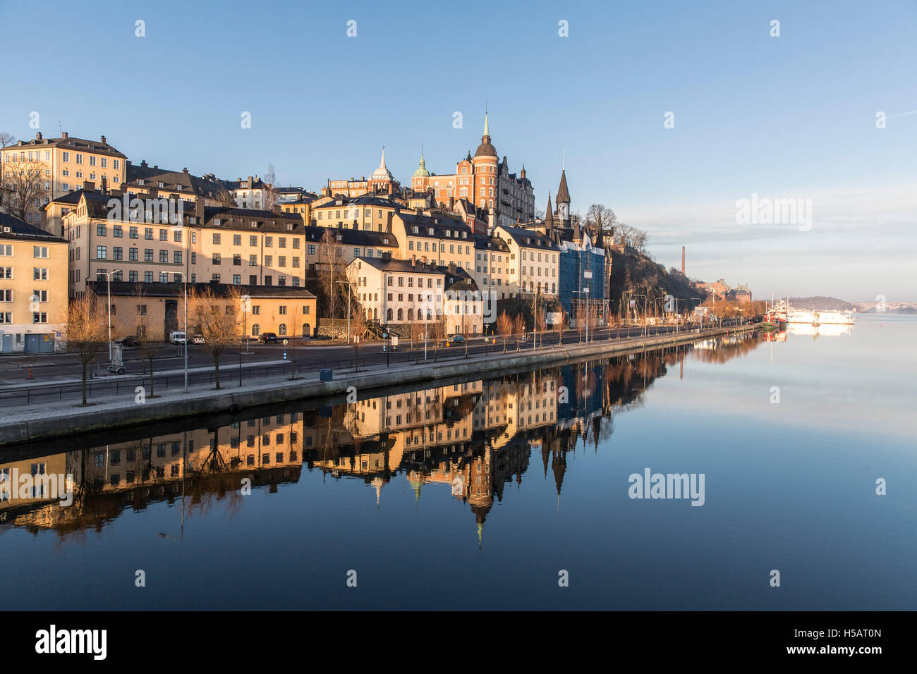 Beautiful reflection of the houses on Sodermalm island in Stockholm