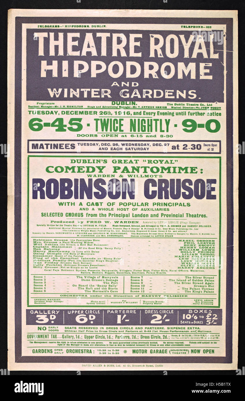 A theatrical production of the pantomime 'Robinson Crusoe', with a focus on its role as a pantomime hero, part of a series of performances. Stock Photo