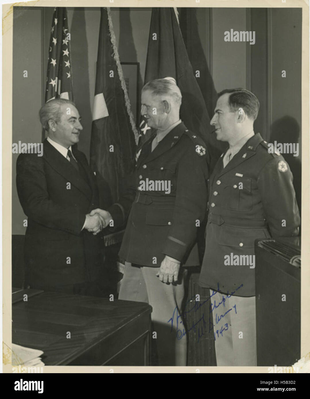Rabbi Barnett R. Brickner and Chaplain Aryeh Lev meeting with Chief of Chaplains William R. Arnold before overseas tour Stock Photo