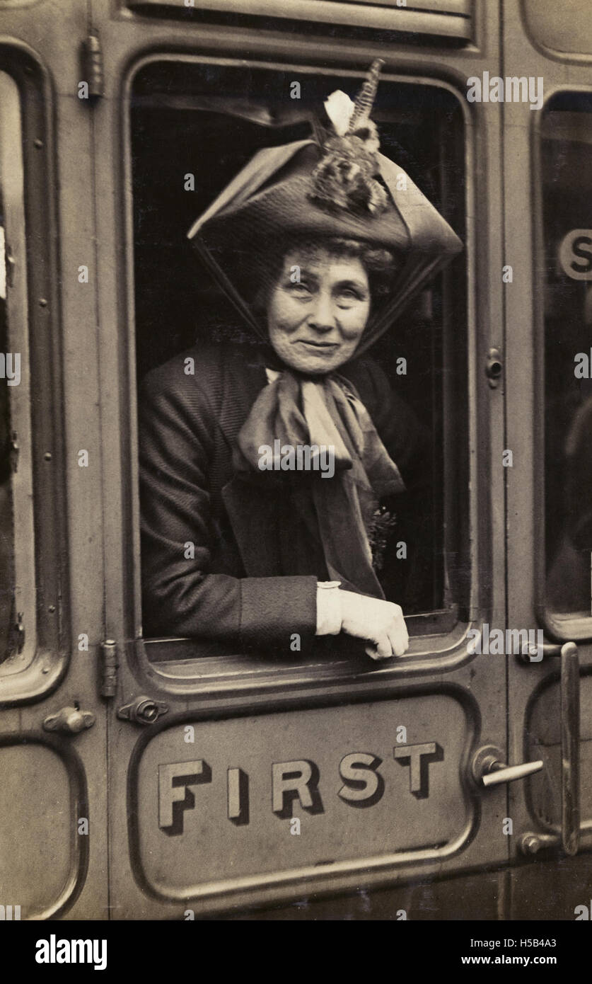 This image features Emmeline Pankhurst, a leading British suffragette ...