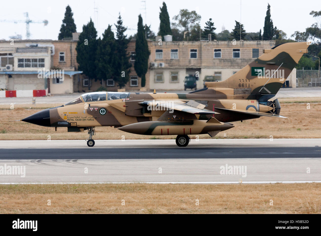 Saudi Arabian Air Force Panavia Tornado IDS braking runway 14 after landing. Stock Photo