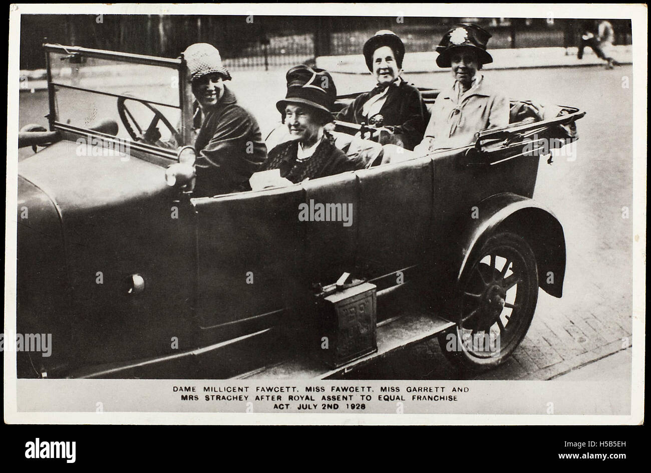 This postcard, dated August 3, 1928, depicts a message related to the Equal Franchise movement, which advocated for women’s suffrage and voting rights. Stock Photo