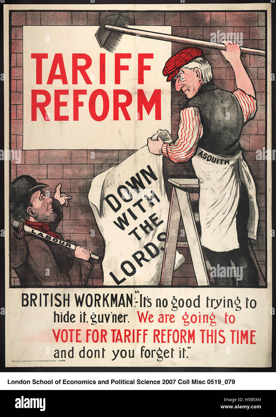 British Workman; It's no use trying to hide it, guv'ner. We are going to vote for Tariff Reform... Stock Photo