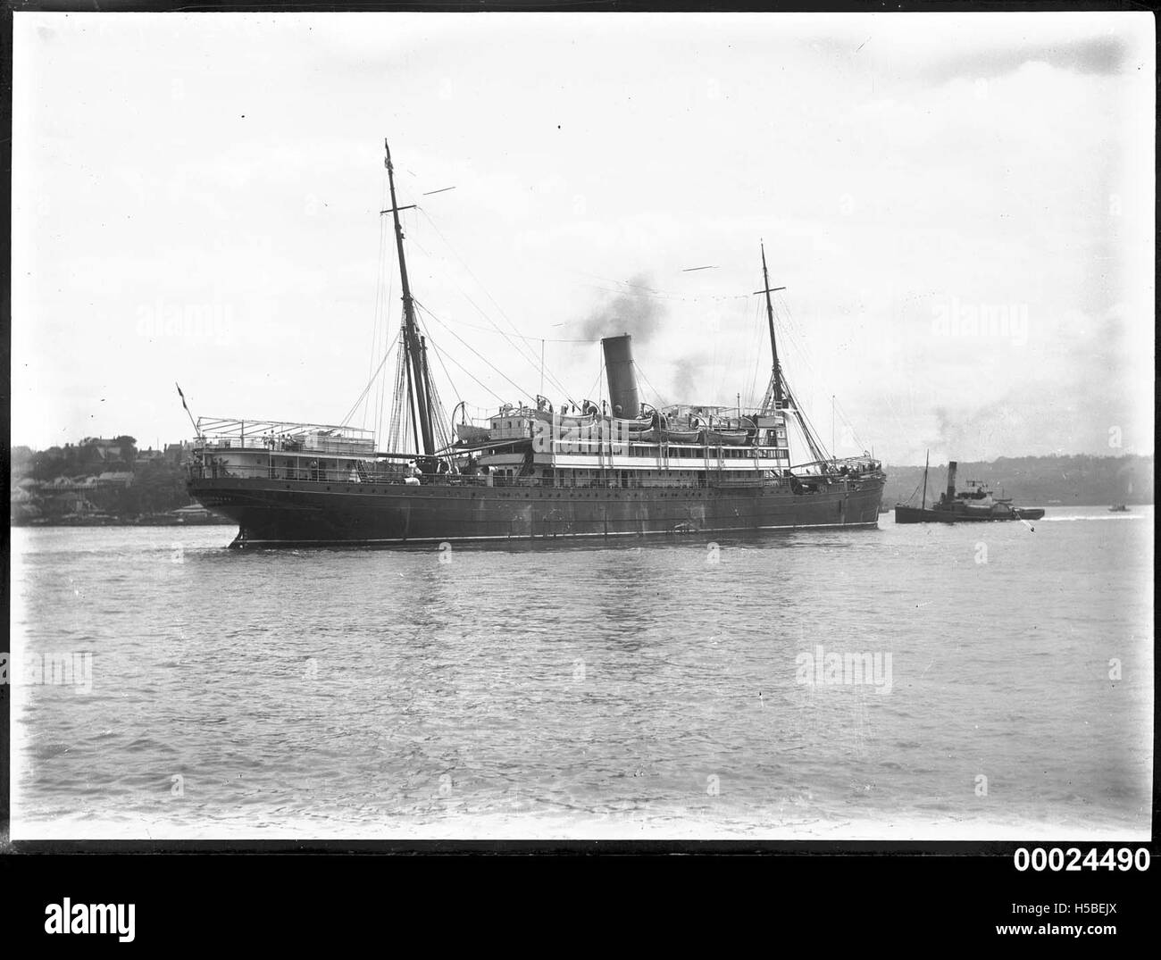 Stern and starboard view of a single funnel merchant ship possibly SS ...