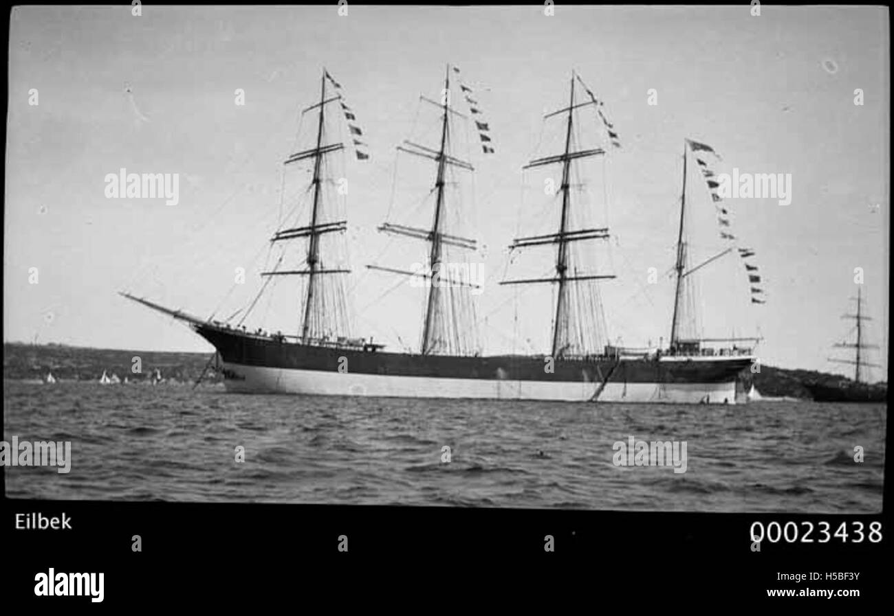 The German barque EILBEK was a sailing ship of the late 19th and early 20th century. It was commonly used for transporting goods across oceans and was known for its robust construction and reliability as a merchant vessel. Stock Photo