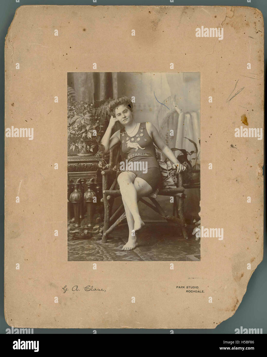A photograph of Beatrice Kerr, an Australian swimmer, wearing a ...