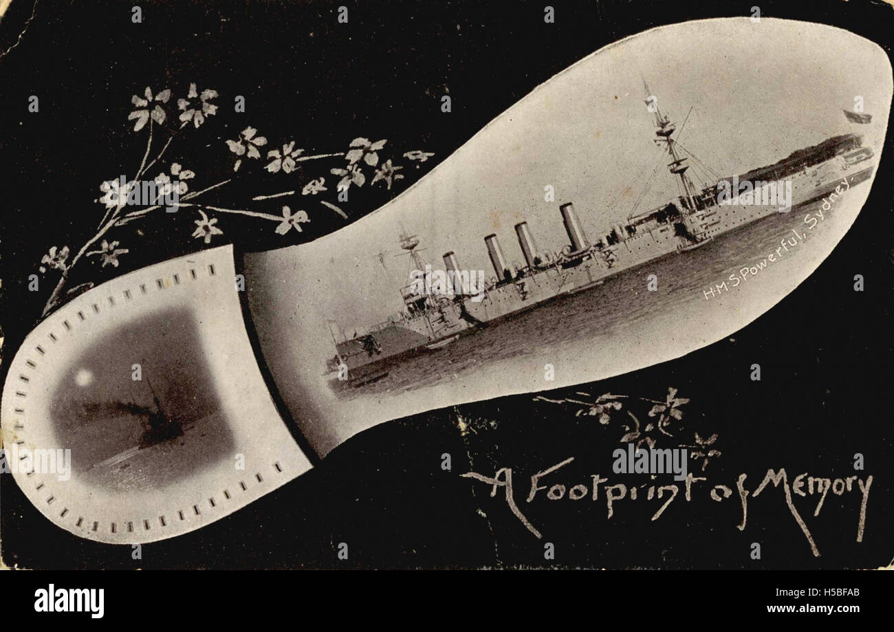 A photographic postcard featuring two views of the HMS Powerful, showcasing its design and surroundings. The postcard emphasizes the architectural details of the ship and its environment. The scene is set against a backdrop of buildings and may reference naval traditions, including festivals related to military history. Stock Photo