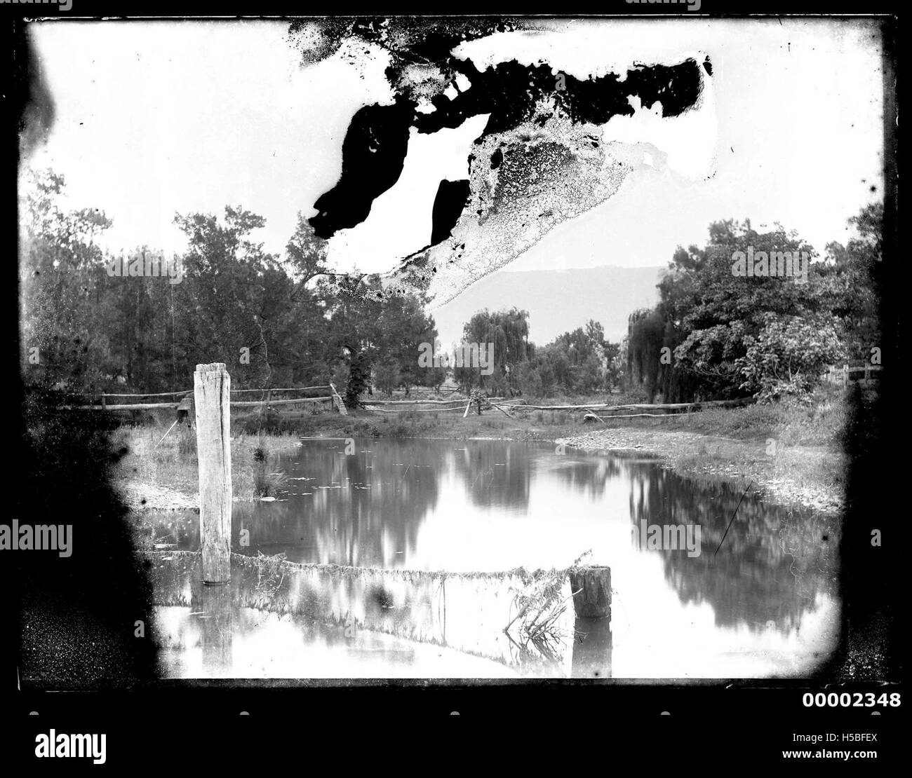 This riverscape, possibly depicting the Hawkesbury River in New South Wales, was taken between 1880 and 1909. It captures the serene and natural beauty of Australian landscapes, showcasing the river's significance in the local environment and history. Stock Photo