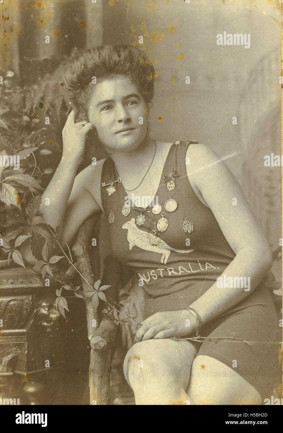 This photograph shows Beatrice Kerr in an Australian swimsuit, likely ...