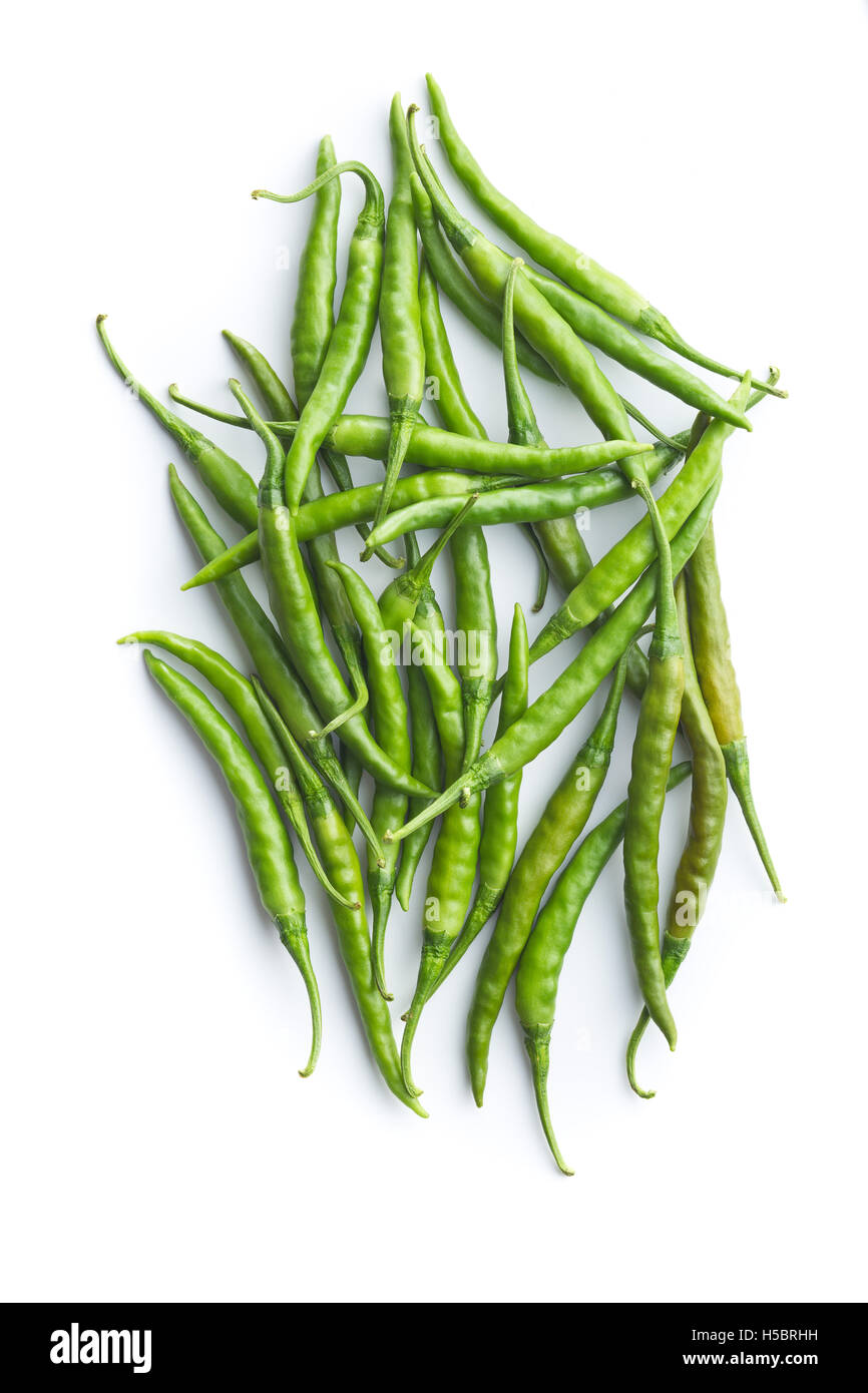 Green chili peppers isolated on white background. Top view Stock Photo ...