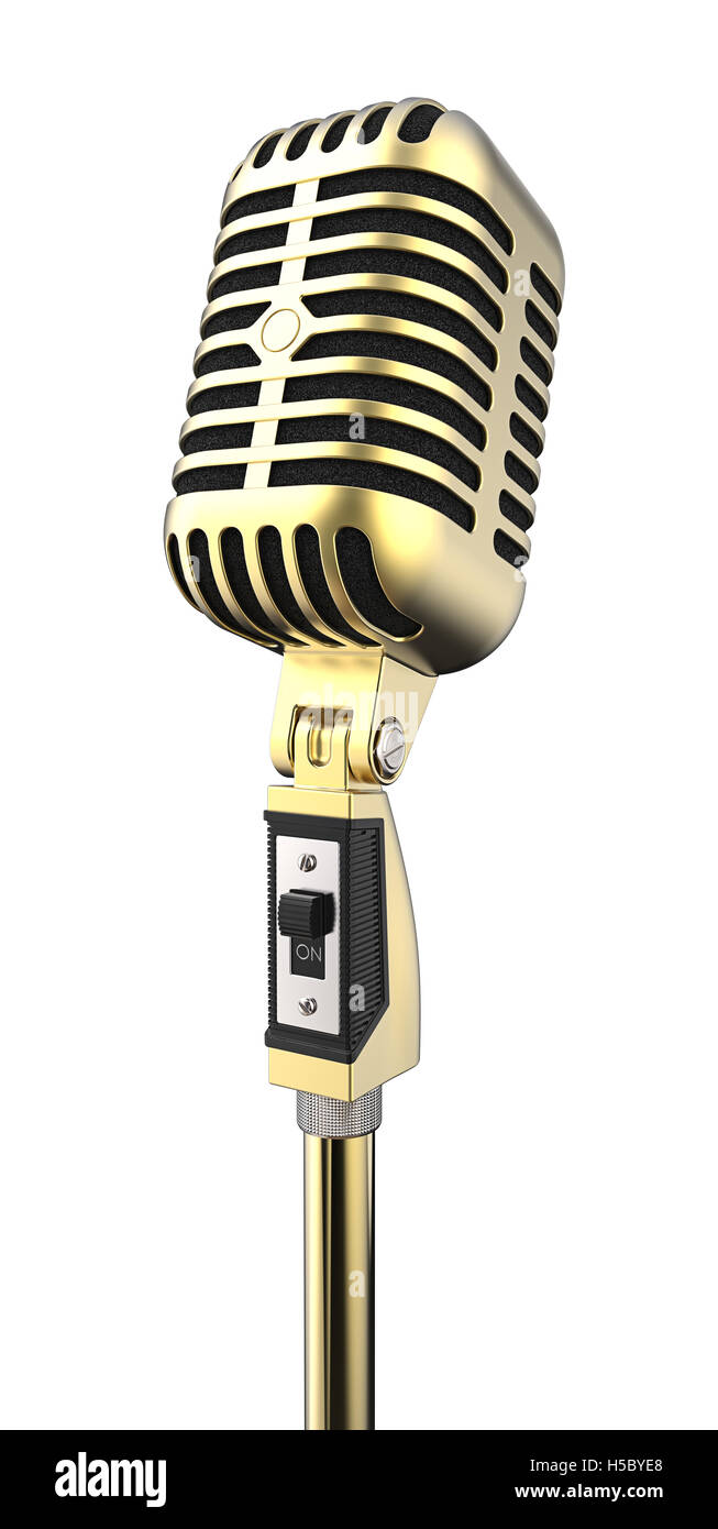 3D render of Classic style retro Golden Microphone on a Stand. On Off button. Isolated. Stock Photo