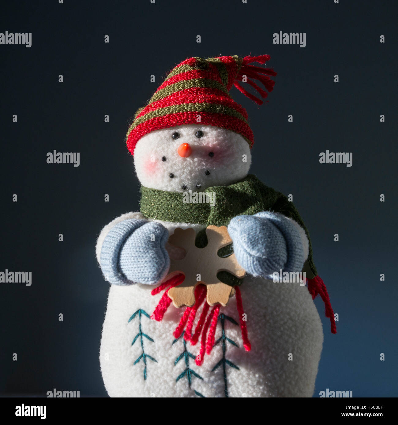 Vintage smiling plush snowman against blue background Stock Photo - Alamy