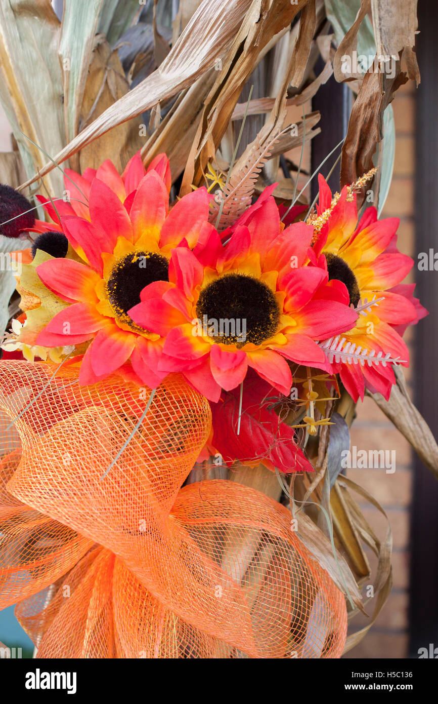 Autumn Silk Flowers on Corn Stalks Stock Photo Alamy