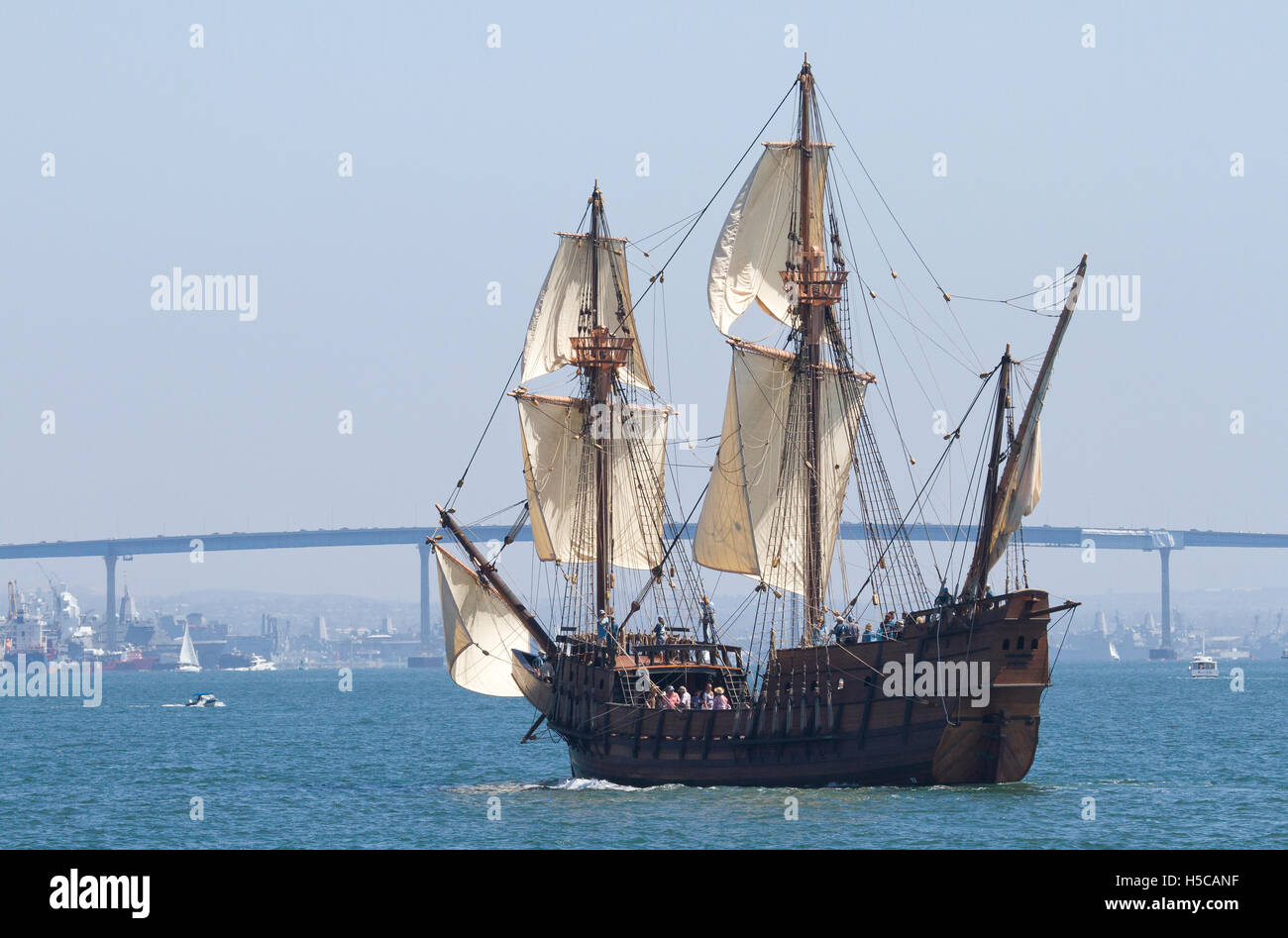 Tall ship San Salvador in 2016 Festival of Sail, Parade of Ships, San Diego Bay, CA with Coronado Bridge in background Stock Photo