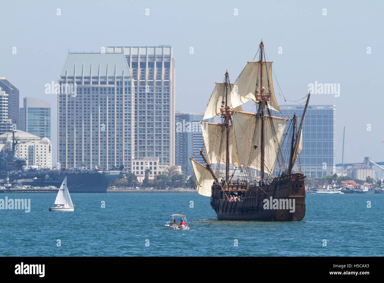 Tall ship San Salvador in 2016 Festival of Sail, Parade of Ships, San Diego Bay, CA with downtown in background Stock Photo