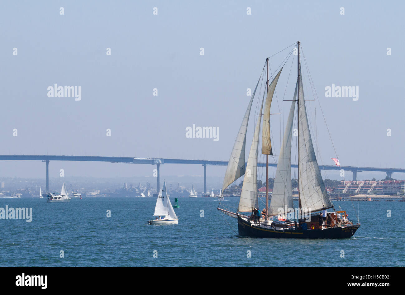 Tall ship Patricia Belle in 2016 Festival of Sail, Parade of Ships, San Diego Bay, CA with Coronado Bridge in background Stock Photo