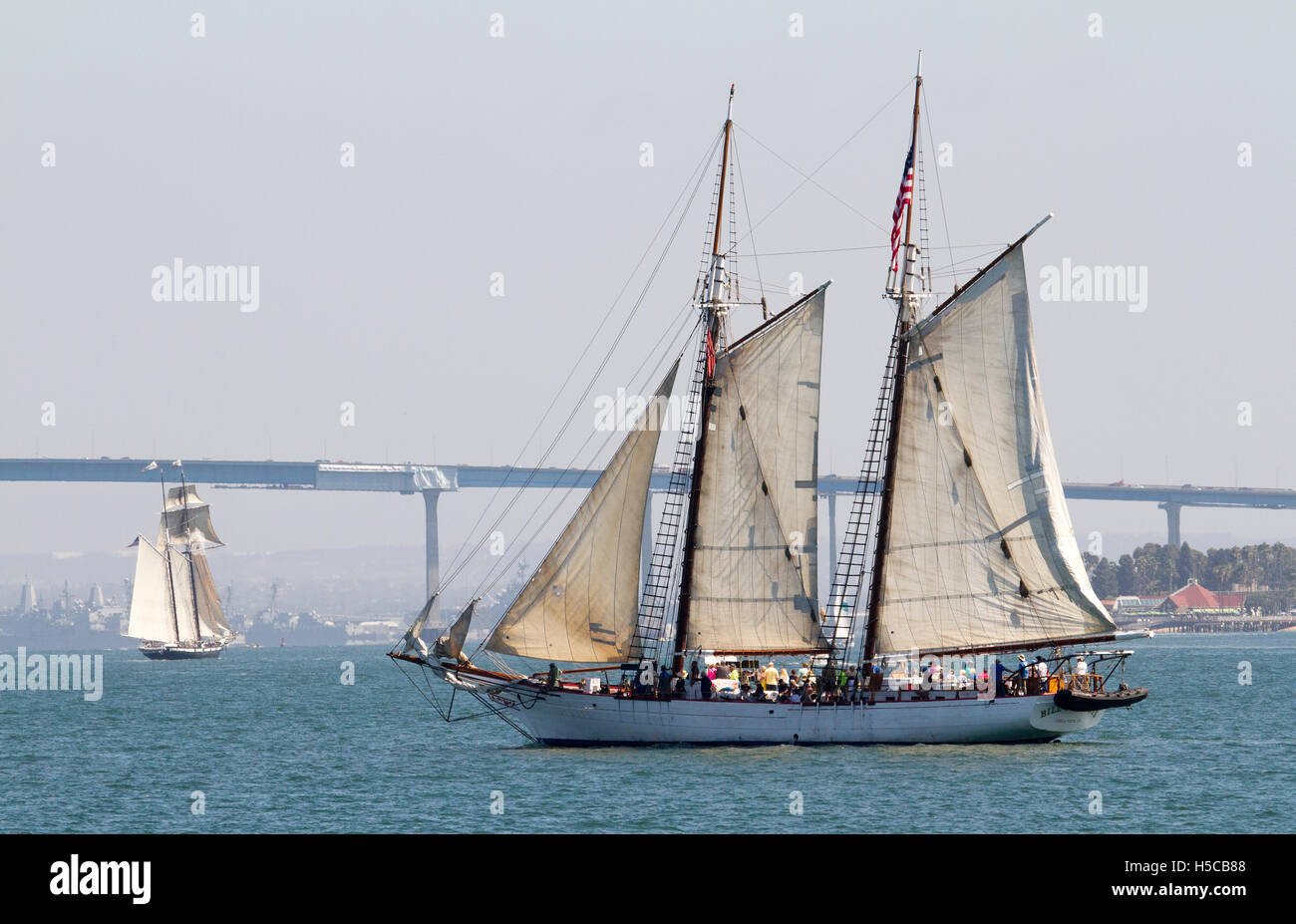 Tall ship Bill of Rights in 2016 Festival of Sail, Parade of Ships, San Diego Bay, CA with Coronado Bridge in background Stock Photo