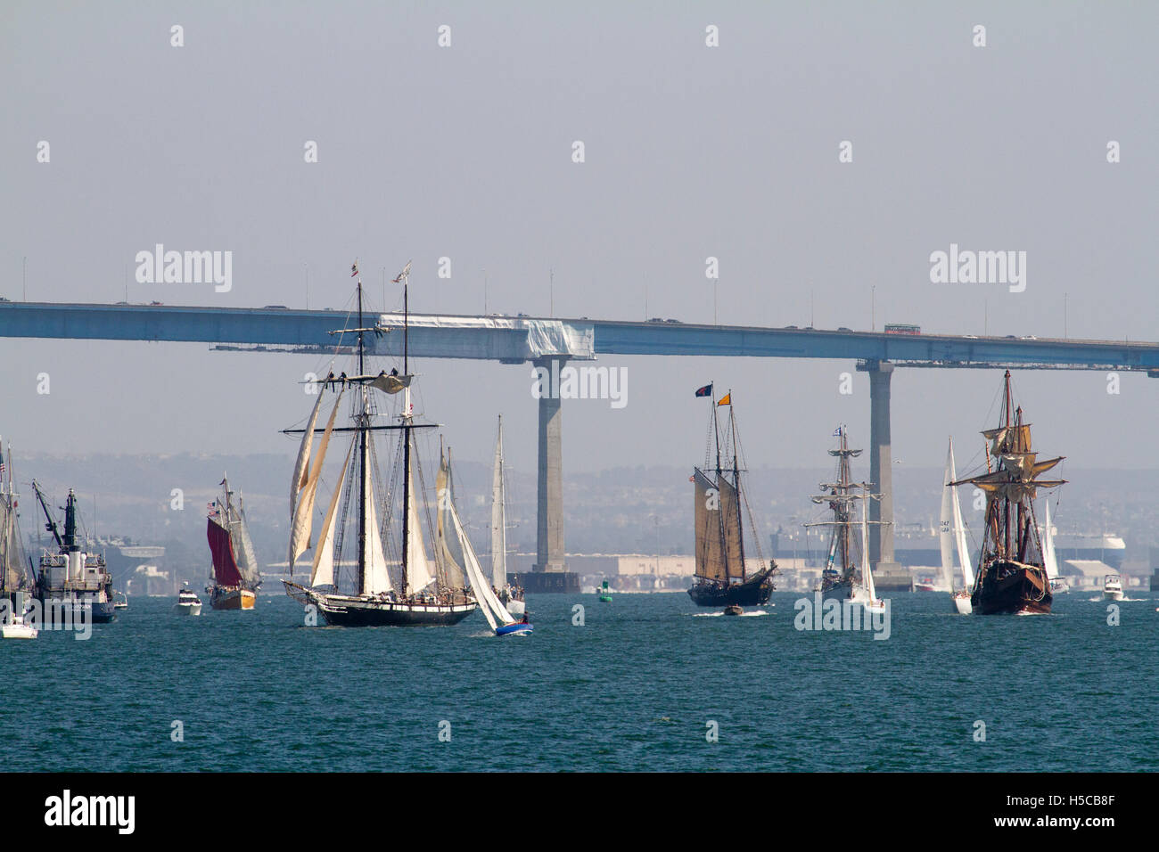 Multiple tall ships in San Diego Bay during 2016 Festival of Sail, Parade of Ships, CA Stock Photo