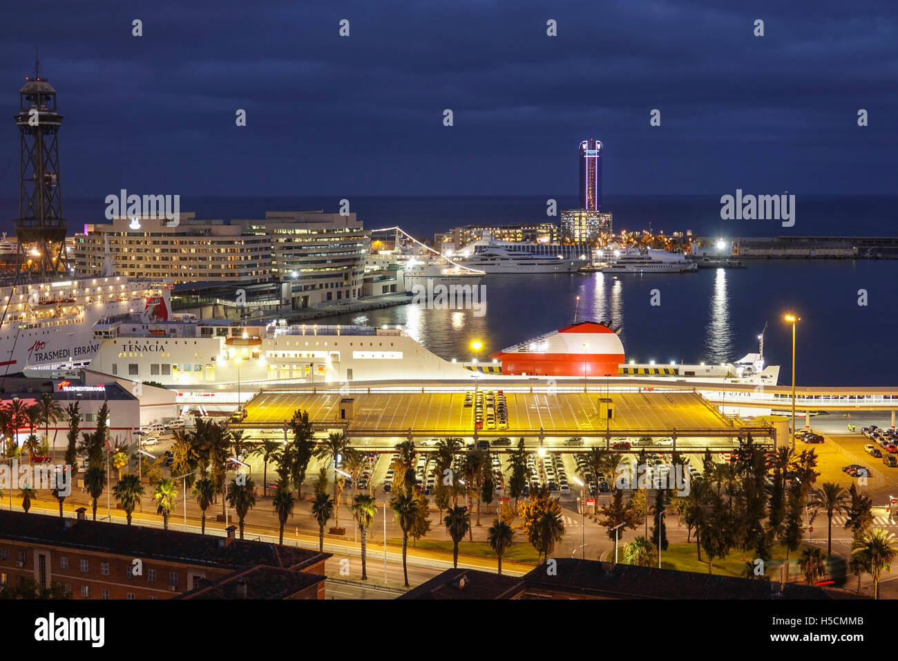 Beautiful aerial view over the Port of Barcelona by night Stock Photo
