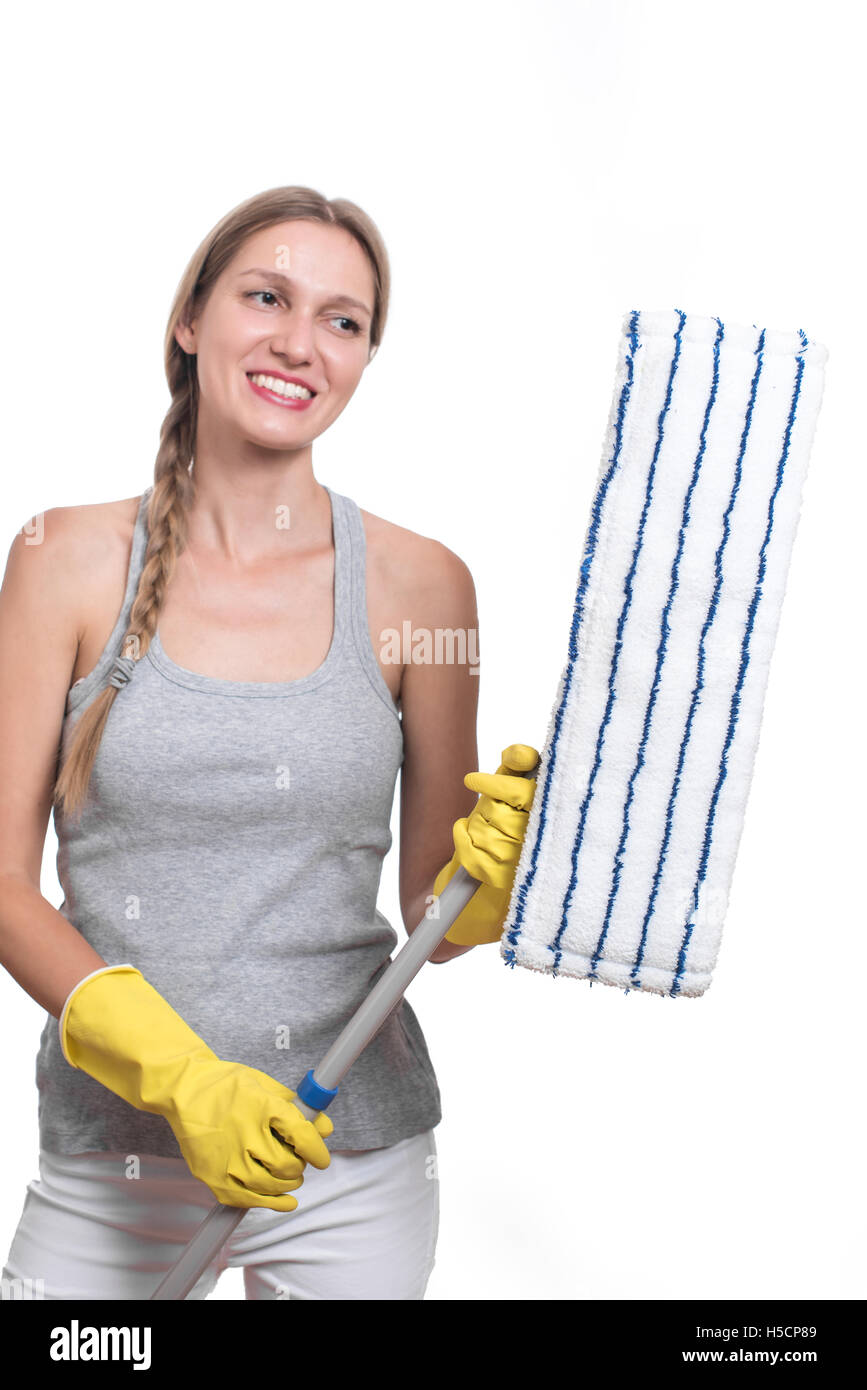 Woman cleaning yellow gloves back hires stock photography and images