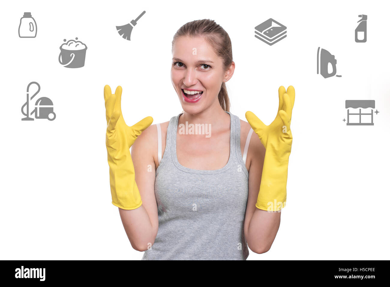 Woman ready for cleaning with rubber gloves and smiling Stock Photo - Alamy