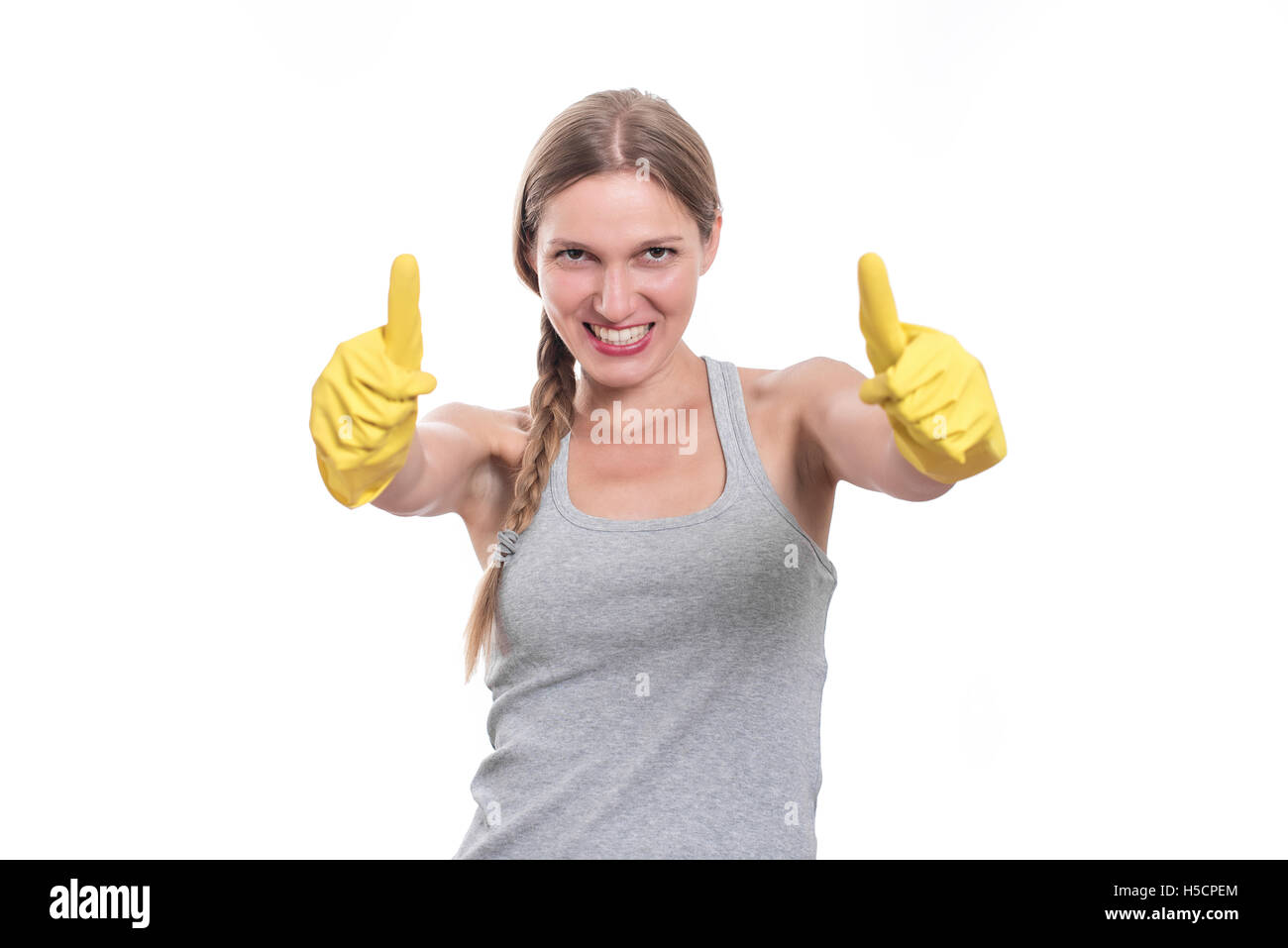 Woman ready for cleaning with rubber gloves and smiling Stock Photo - Alamy