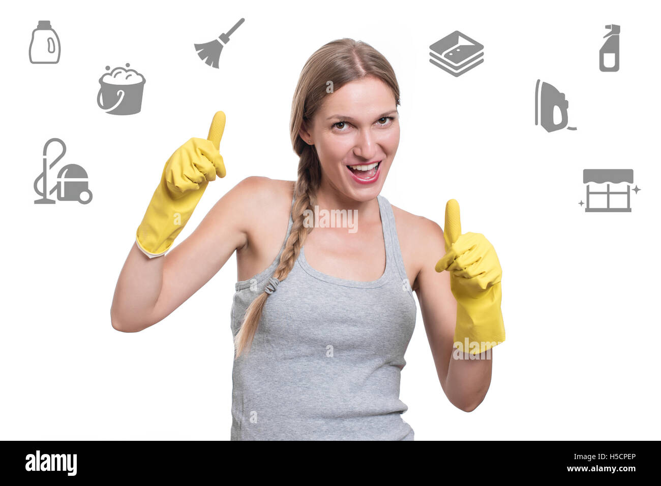 Woman ready for cleaning with rubber gloves and smiling Stock Photo - Alamy