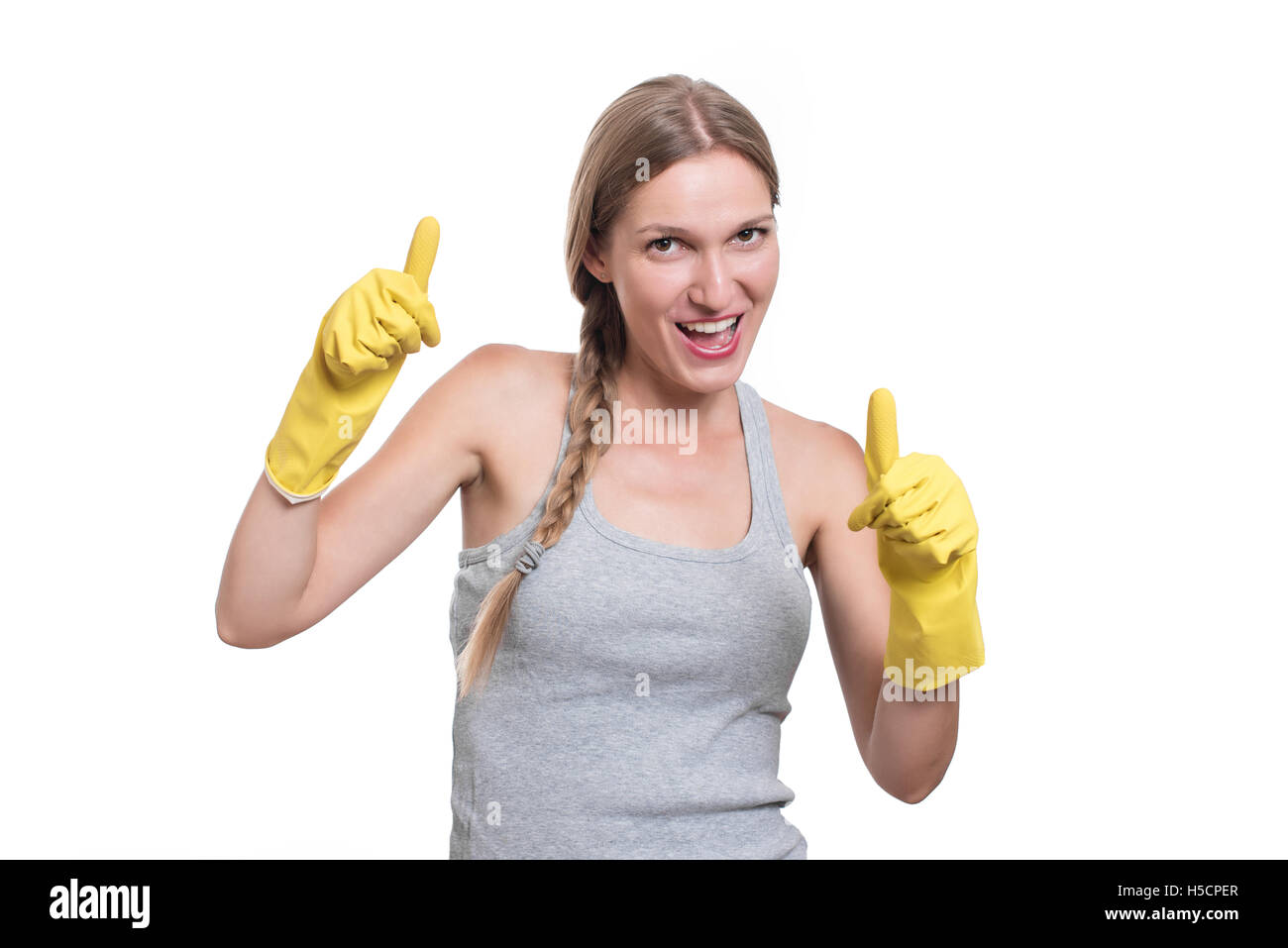 Woman ready for cleaning with rubber gloves and smiling Stock Photo - Alamy