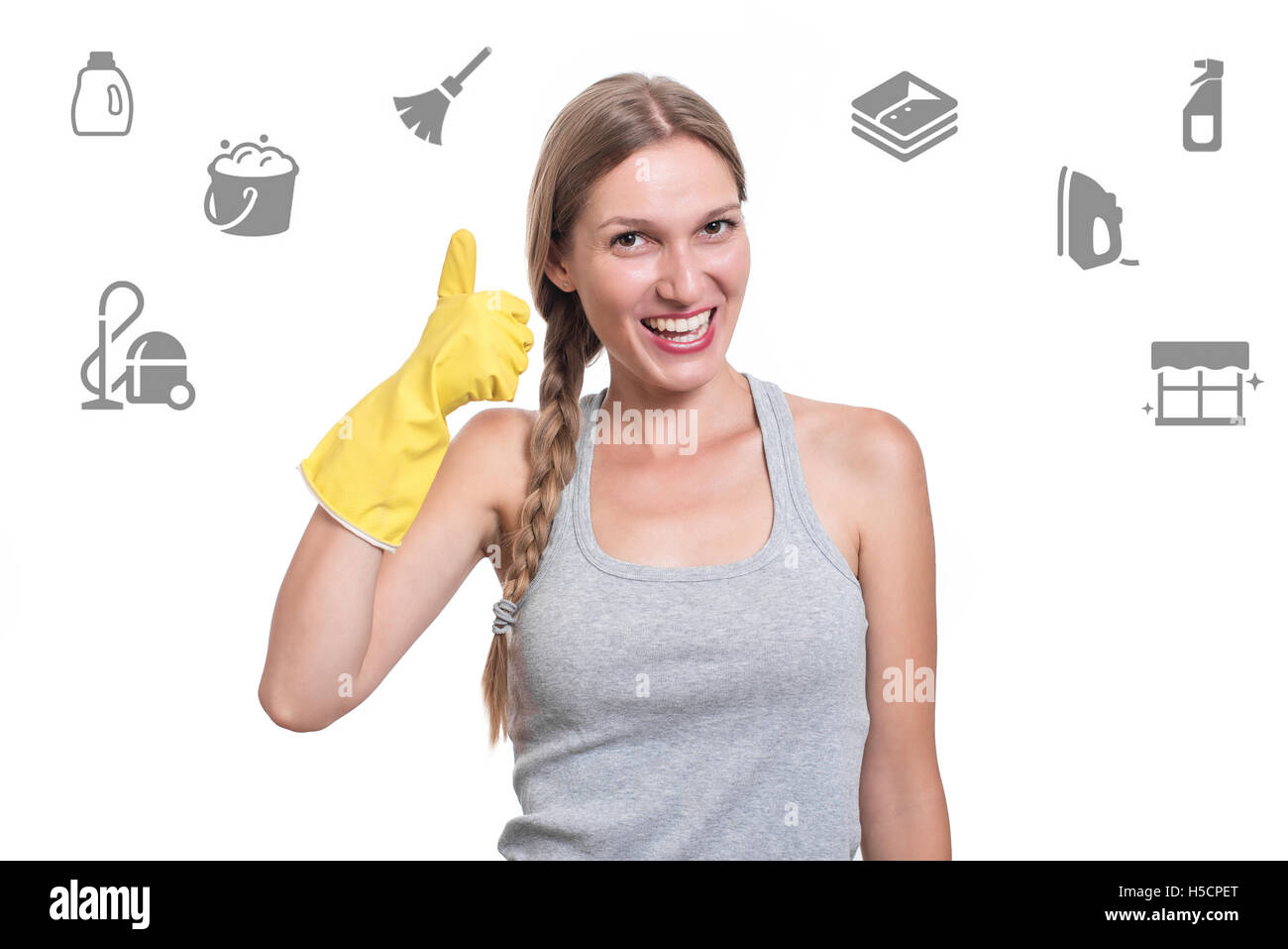 Woman ready for cleaning with rubber gloves and smiling Stock Photo - Alamy