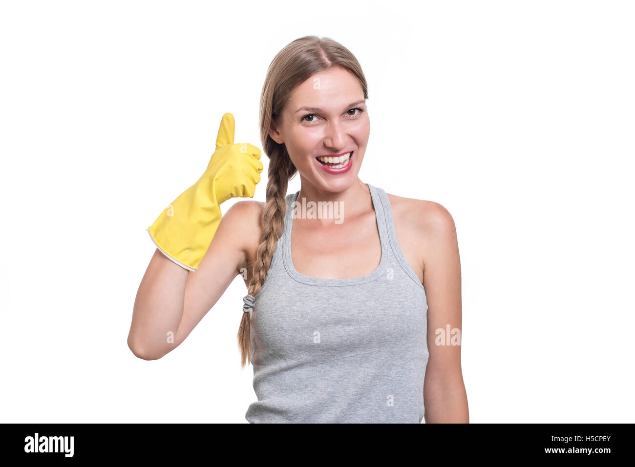 Woman ready for cleaning with rubber gloves and smiling Stock Photo - Alamy