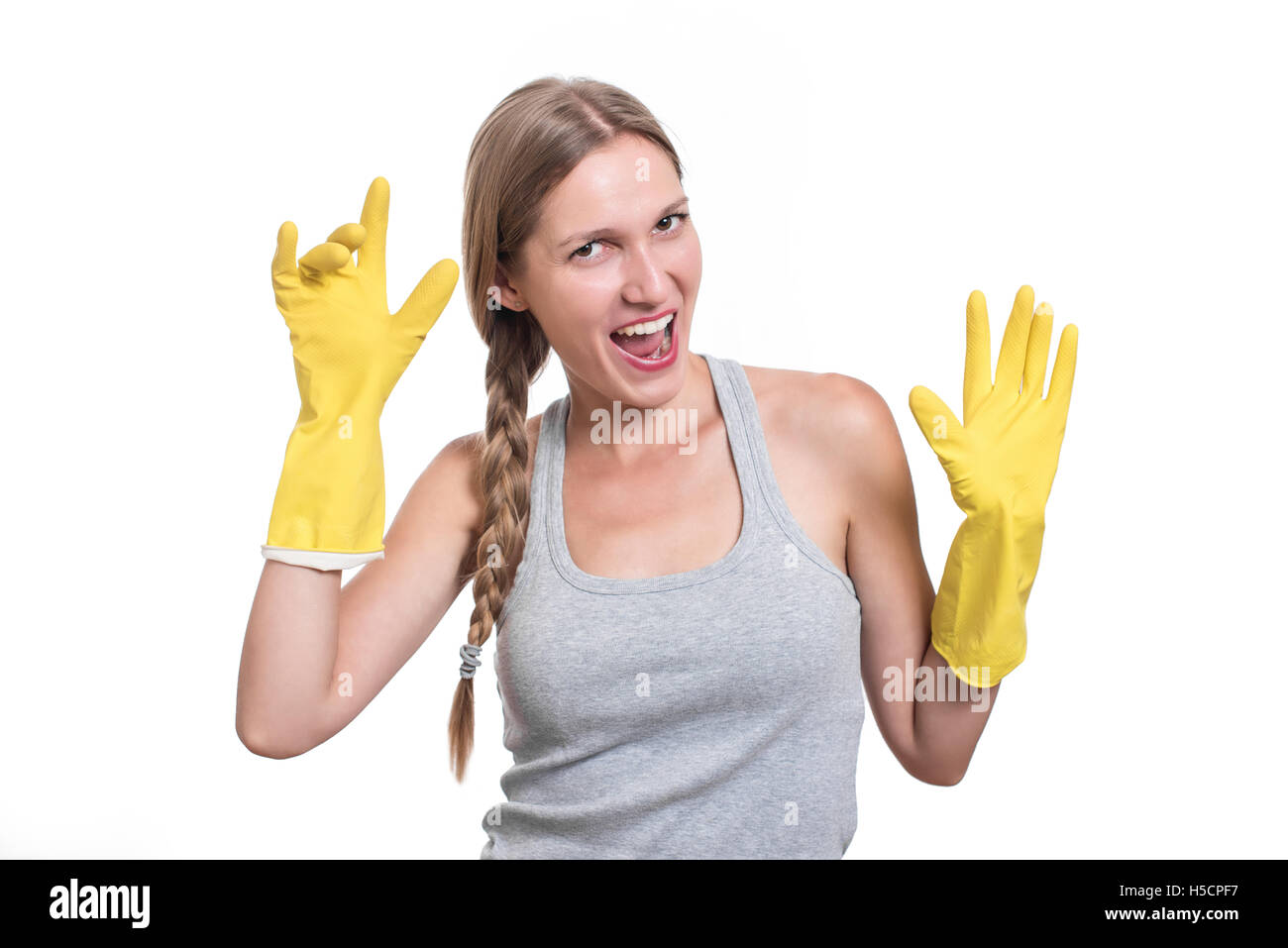 Woman ready for cleaning with rubber gloves and smiling Stock Photo - Alamy