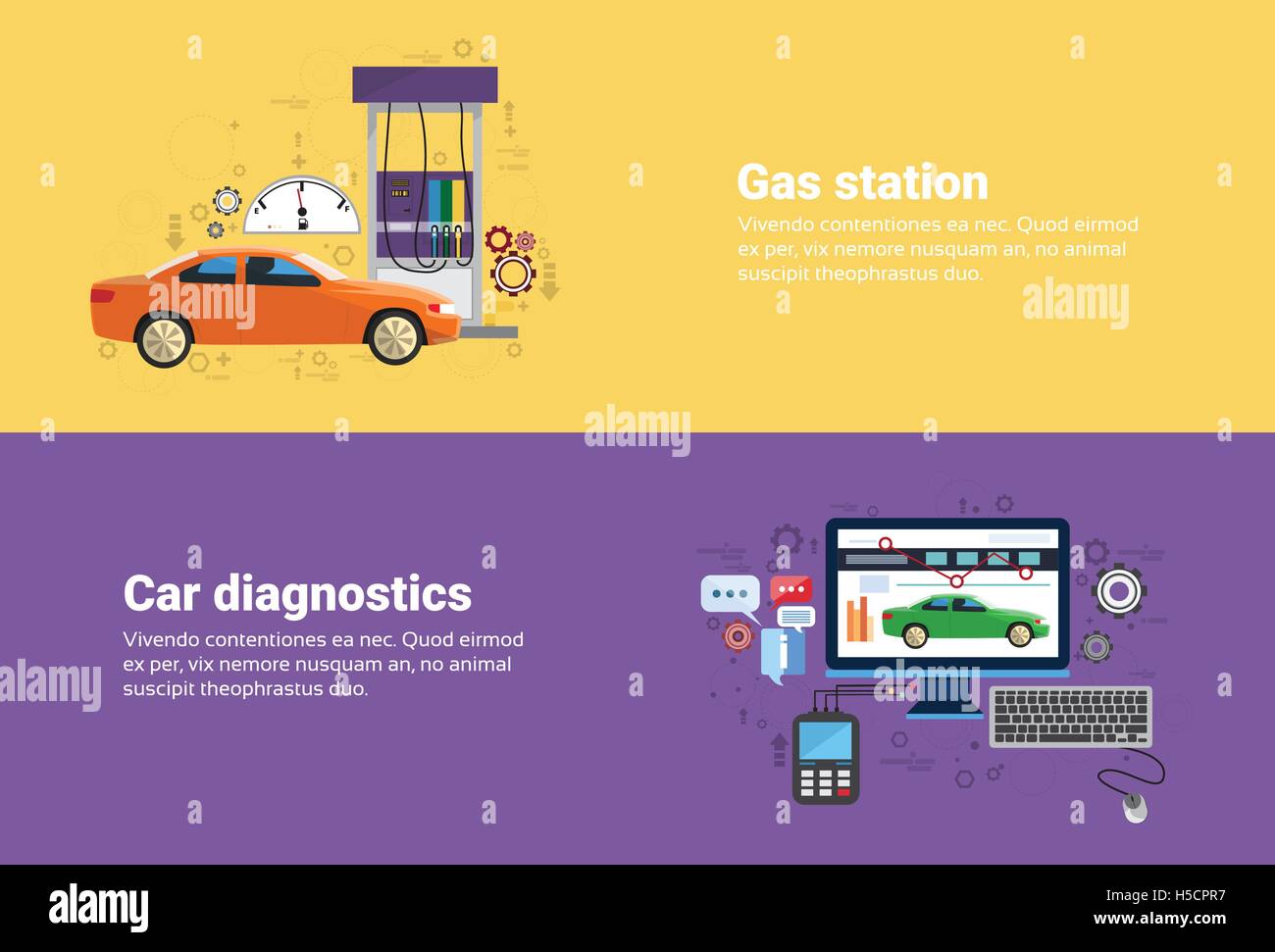 Gas Petrol Station, Car Computer Diagnostics Service Auto Mechanics Business  Banner Stock