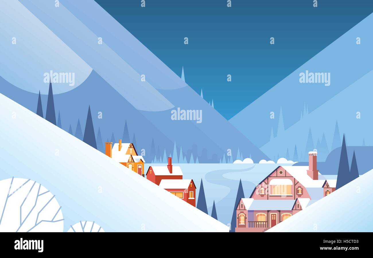 Winter Mountain Village Landscape Background, Night Snow Trees Forest ...
