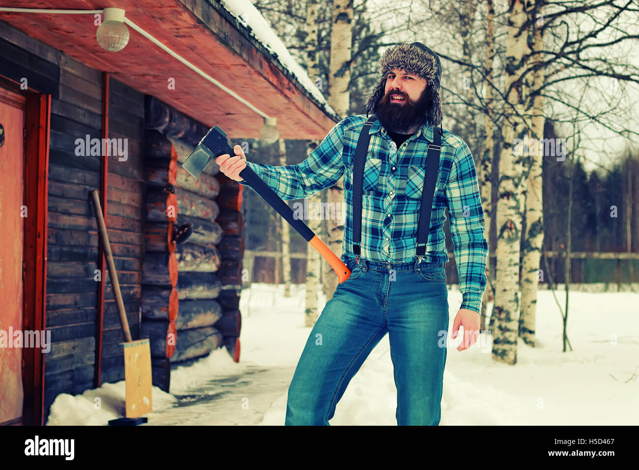 winter man axe wood Stock Photo - Alamy