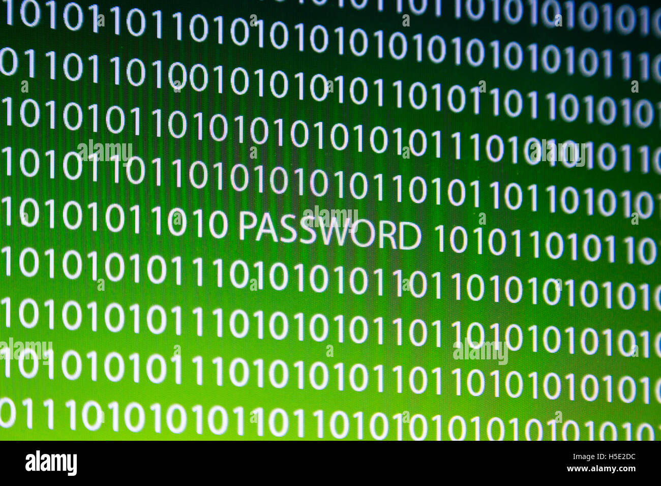White numbers zero and one as a texture, password text on a yellow, green, blue gradient background, laptop computer monitor Stock Photo