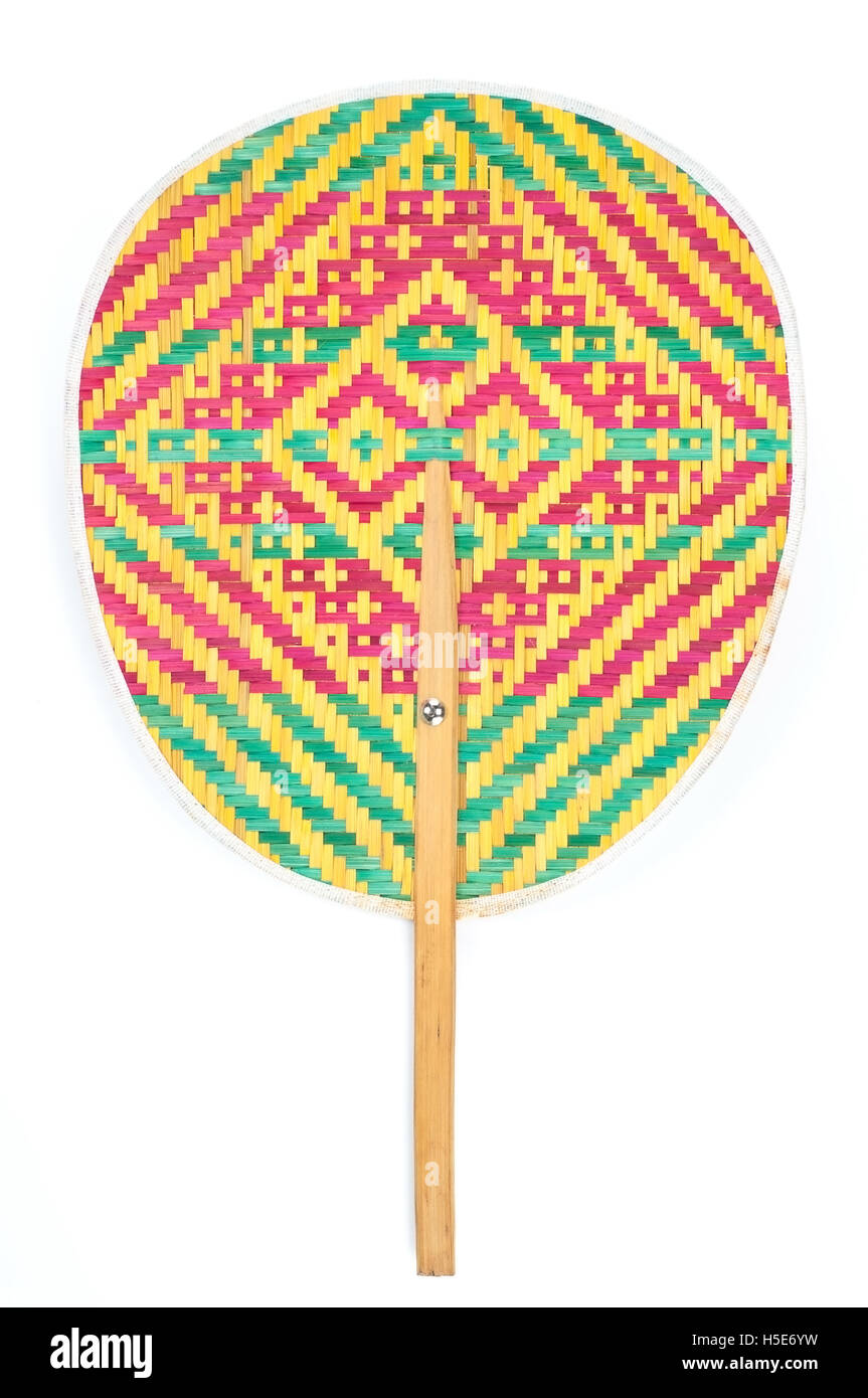 Color weave bamboo traditional hand fan, thai style hand fan, on white background. Stock Photo