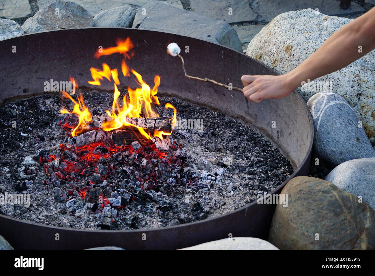 Flame of burning wood in a metal fire pit (campfire) Stock Photo