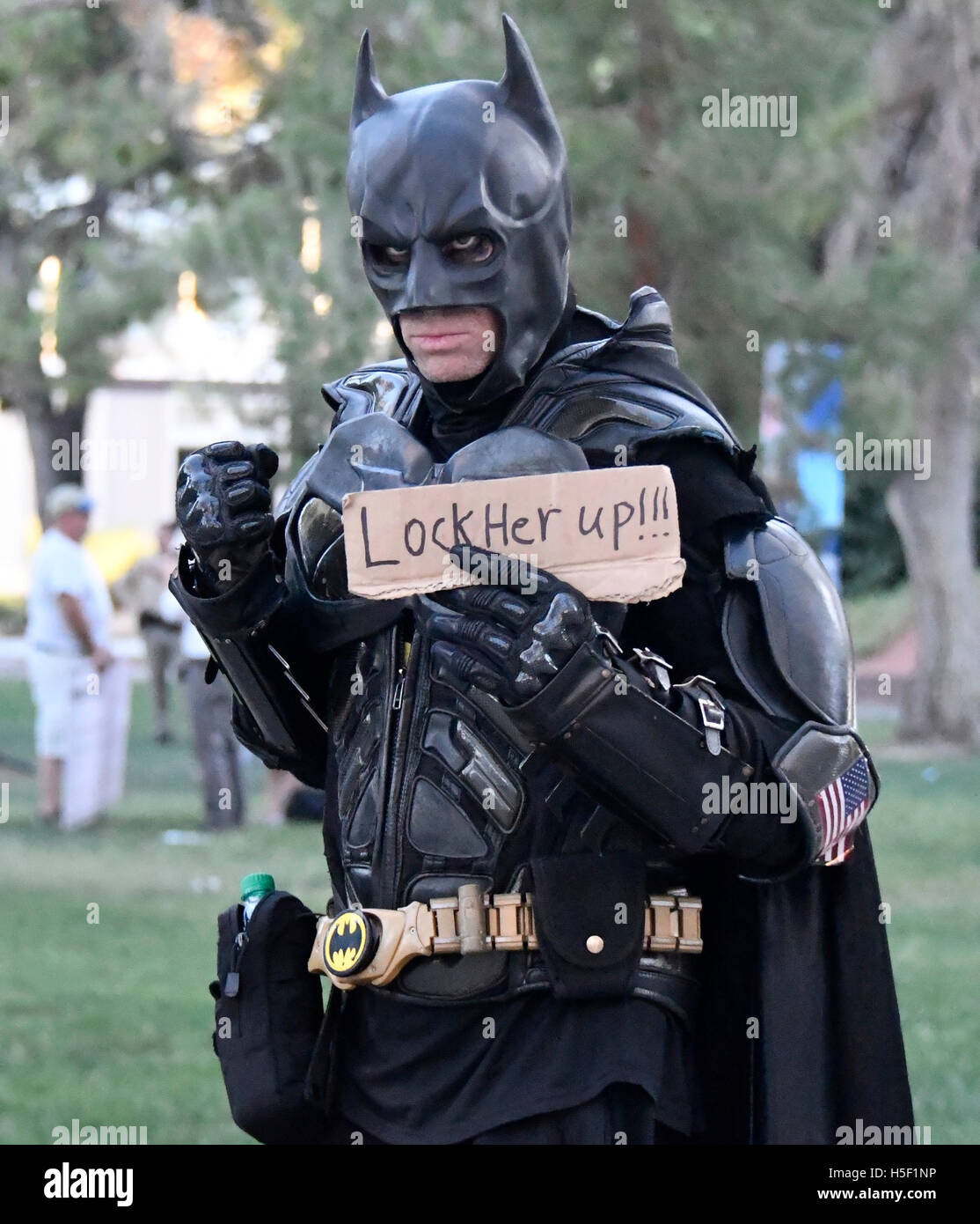 Las Vegas, Nevada, USA. 19th Oct, 2016. Batman arrives with anti Hillary sign at UNLV rally Wednesday. Today will be the 3rd and final presidential debate between Republican presidential nominee Donald Trump and Democratic presidential nominee Hillary Clinton at Las Vegas Nevada University. 19th Oct, 2016. Credit:  Gene Blevins/ZUMA Wire/Alamy Live News Stock Photo