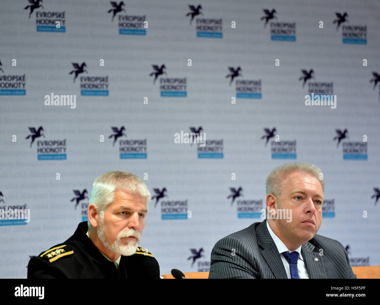 Russia is not considering waging a war with the West, Czech General Petr Pavel, left, Chairman of the NATO Military Committee, told journalists during the Stratcom summit conference devoted to the struggle with disinformation today, on Thursday, October 20, 2016. Russia has at its disposal sophisticated and targeted propaganda against NATO members, Pavel said. It has an analysis of target groups in the individual countries. It knows on whom it can rely and what can be used against whom, Pavel said. Russia is aware of not yet being in the state in which it could be a 'plausible rival' for NATO, Stock Photo
