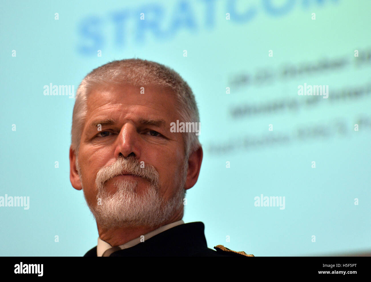 Russia is not considering waging a war with the West, Czech General Petr Pavel, photo, Chairman of the NATO Military Committee, told journalists during the Stratcom summit conference devoted to the struggle with disinformation today, on Thursday, October 20, 2016. Russia has at its disposal sophisticated and targeted propaganda against NATO members, Pavel said. It has an analysis of target groups in the individual countries. It knows on whom it can rely and what can be used against whom, Pavel said. Russia is aware of not yet being in the state in which it could be a 'plausible rival' for NATO Stock Photo