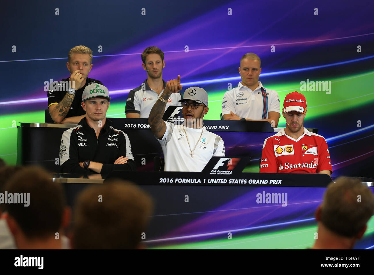 Austin, Texas, USA. 20th Oct, 2016. Formula 1 Grand prix of America. Drivers press conference and inspection day. Mercedes AMG Petronas - Lewis Hamilton, Haas F1 Team - Romain Grosjean, Renault Sport F1 Team - Kevin Magnussen; Sahara Force India - Nico Hulkenberg, Williams Martini Racing - Valtteri Bottas and Scuderia Ferrari - Sebastian Vettel Credit:  Action Plus Sports/Alamy Live News Stock Photo