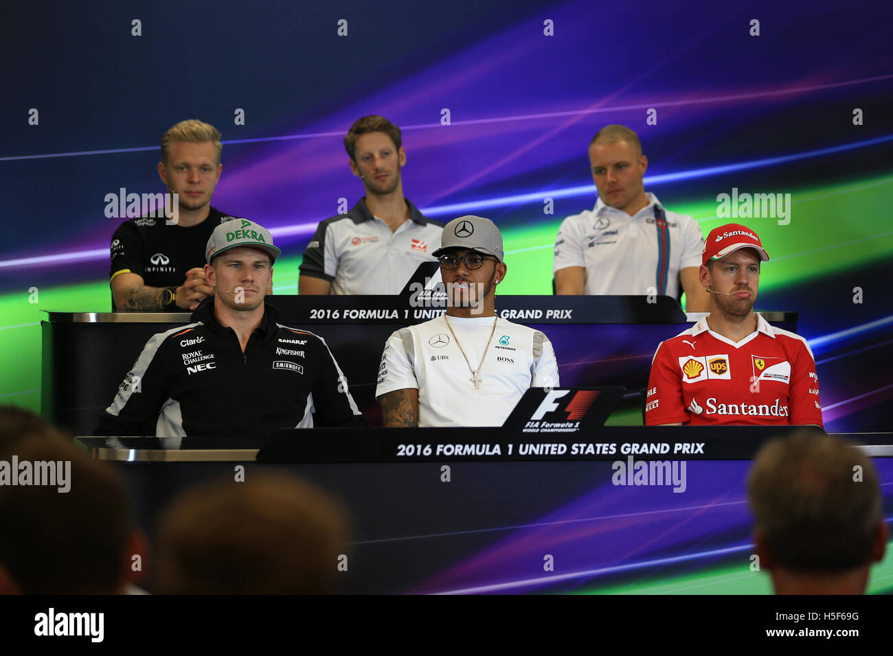 Austin, Texas, USA. 20th Oct, 2016. Formula 1 Grand prix of America. Drivers press conference and inspection day. Mercedes AMG Petronas - Lewis Hamilton, Haas F1 Team - Romain Grosjean, Renault Sport F1 Team - Kevin Magnussen; Sahara Force India - Nico Hulkenberg, Williams Martini Racing - Valtteri Bottas and Scuderia Ferrari - Sebastian Vettel Credit:  Action Plus Sports/Alamy Live News Stock Photo