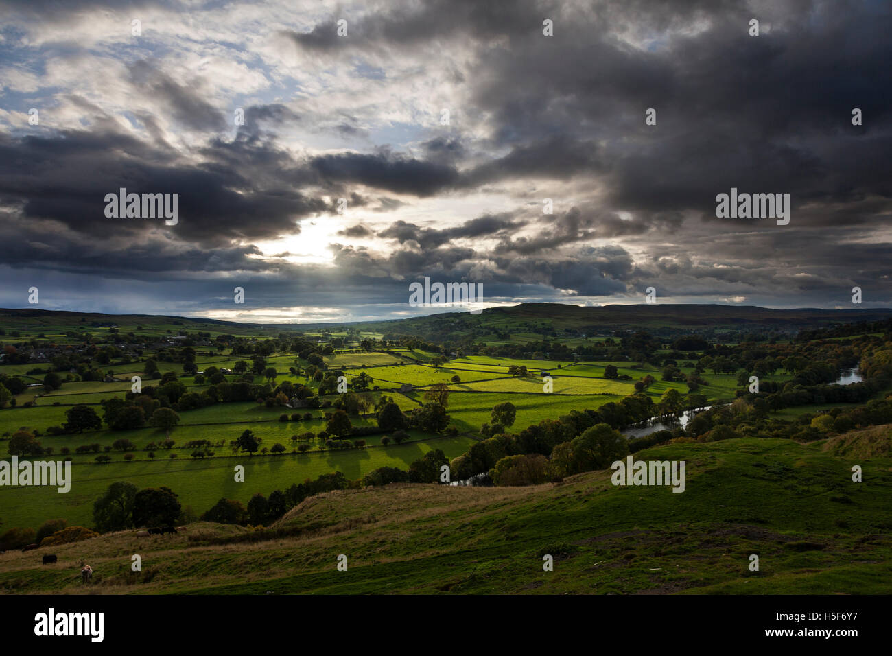 Upper Teesdale, County Durham UK.  Thursday 20th October 2016, UK Weather.  After a day of sunny spells and heavy showers in North East England, some late evening light illuminates the banks of the River Tees near Middleton-in-Teesdale.  Credit:  David Forster/Alamy Live News Stock Photo