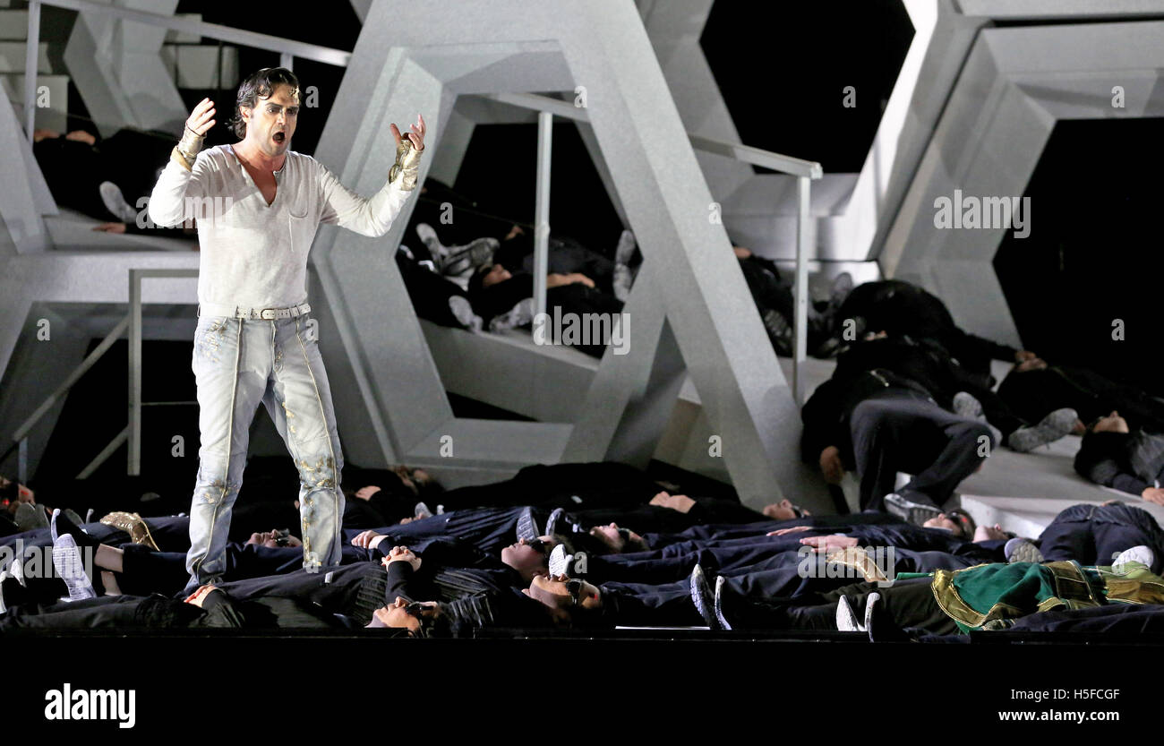 Leipzig, Germany. 20th Oct, 2016. Leonardo Caimi in the role of the unknown prince during a performance of Puccini's 'Turandot' in the Leipzig Opera in Leipzig, Germany, 20 October 2016. Puccini's last operatic work, 'Turandot' tells the bloody tale of the transformation of a distant princess into a loving woman. The piece was last performed in the Leipzig Opera 14 years ago. Producer Balasz Kovalik has decided to set the events in a futuristic world. Photo: Jan Woitas/dpa/Alamy Live News Stock Photo