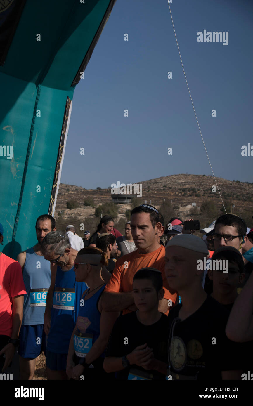 Shiloh, Israel. 21st October, 2016. Runners prepare to run the 10KM section of the 2016 Bible Marathon at Shiloh, believed to be the site of the Biblical Tabernacle. The visitor Center can be seen in the background on the hill. Credit:  Yagil Henkin/Alamy Live News Stock Photo