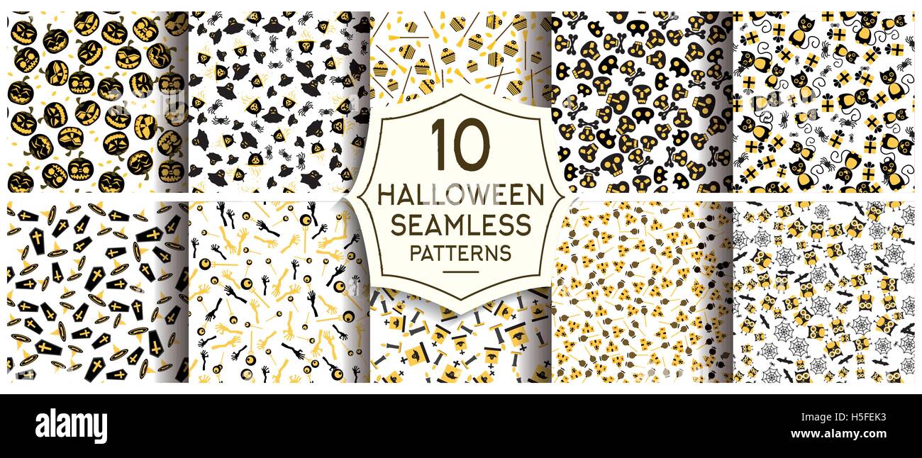 Set of 10 halloween seamless patterns. Vector illustration. Halloween background with pumpkin, cross, owl, skull and grave Stock Vector