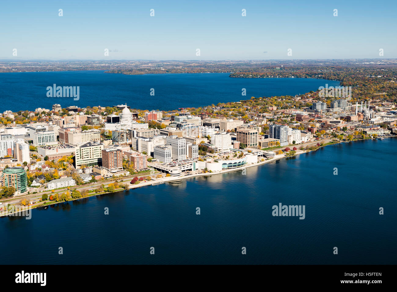 An aerial view of Madison, Wisconsin, the State Capitol, and the Stock